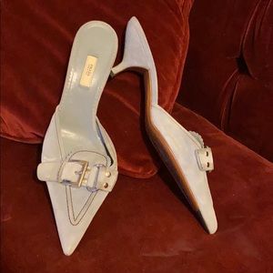 PRADA kitten heel light blue suede mules w buckles